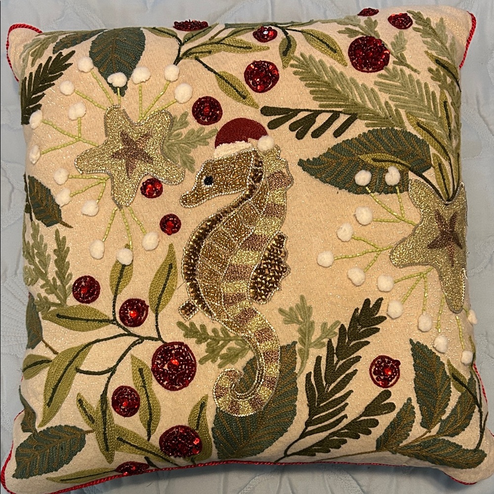 Festive Seahorse Embroidered Holiday Pillow